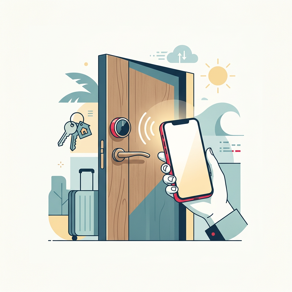 Hand holding a smartphone, bringing it close to a smart lock to open a door in a modern tourist property