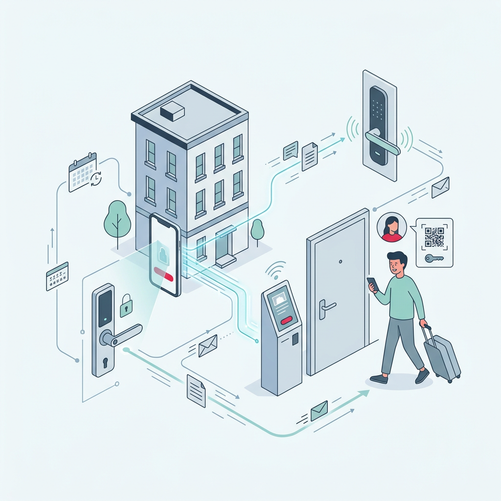Un client utilisant une serrure intelligente sur la porte d'un appartement touristique avec son smartphone pour effectuer le check-in automatique