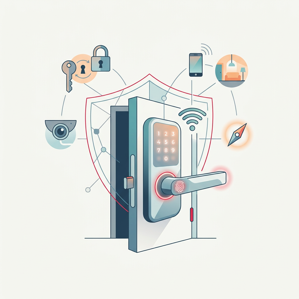 Uma fechadura digital moderna instalada numa porta de madeira, com uma mão a usar um smartphone para abri-la, simbolizando a comodidade e a segurança de um acesso inteligente.