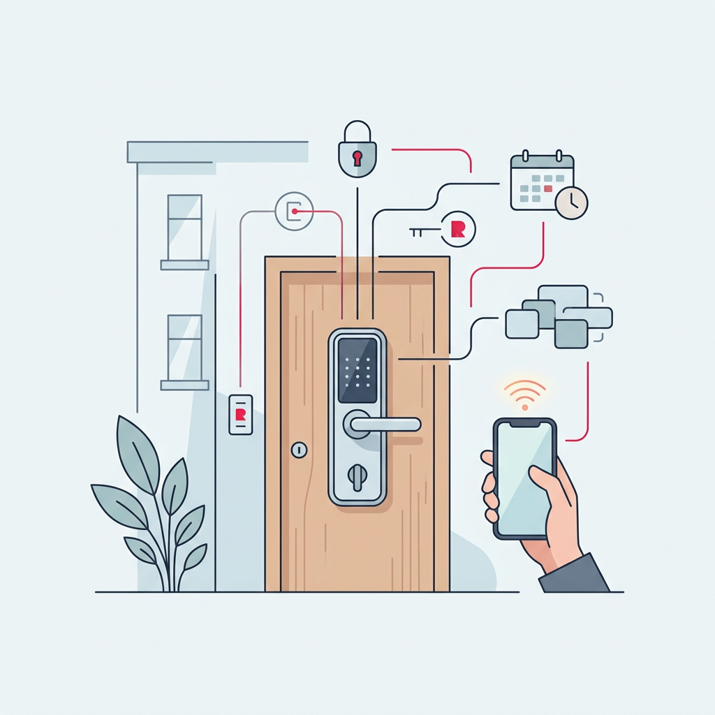 Fechadura eletrónica moderna instalada na porta de um apartamento turístico, com um tablet a mostrar o controlo de acesso.