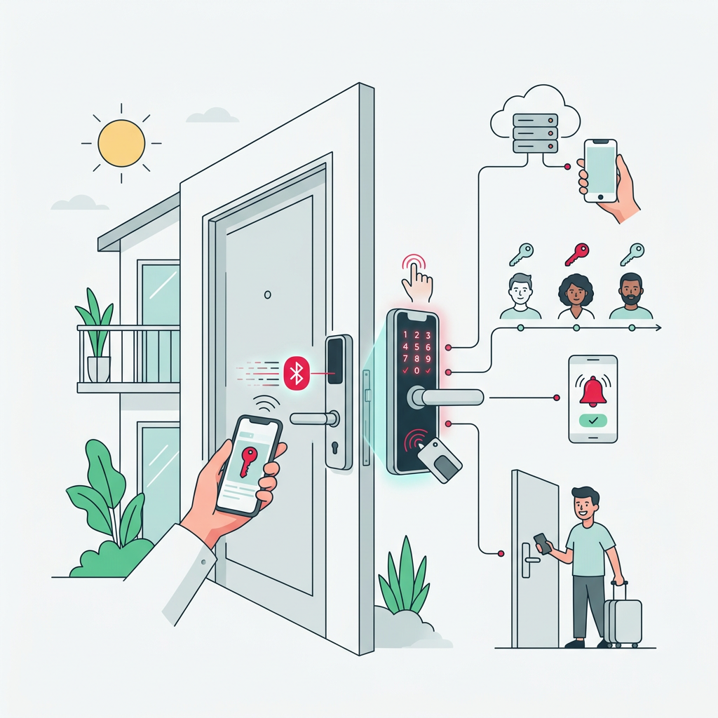 Una serratura elettronica moderna installata sulla porta di una casa vacanza, con uno smartphone che controlla l'accesso.