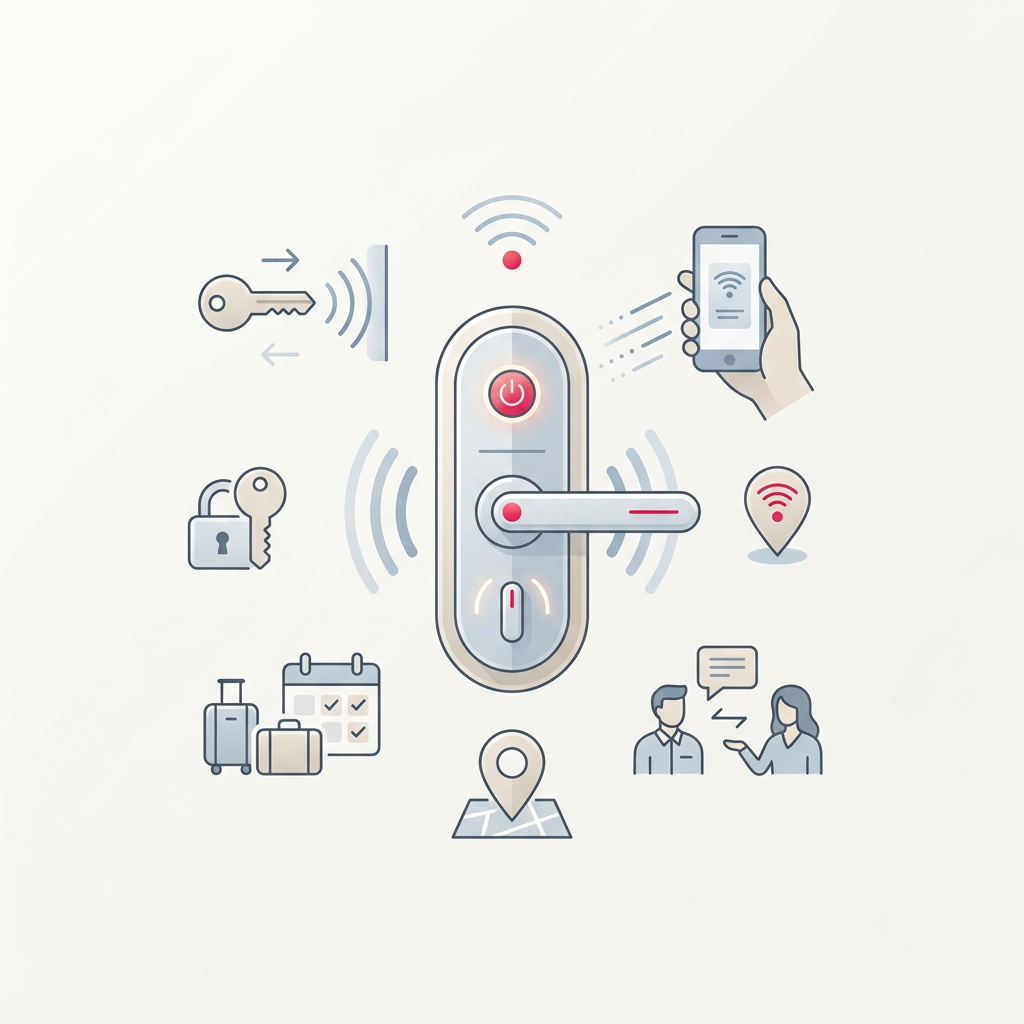 Une serrure connectée moderne installée sur la porte d'entrée d'un appartement touristique, avec une tablette affichant des icônes de gestion à distance et d'automatisation du check-in, soulignant l'efficacité et la sécurité dans la location saisonnière.