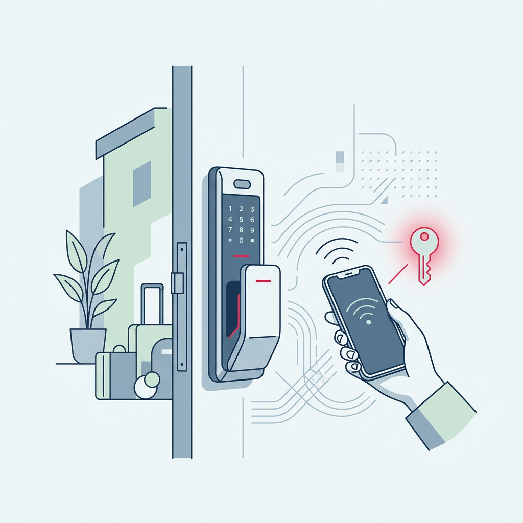 Una serratura elettronica intelligente installata sulla porta di un appartamento turistico, con un tablet che mostra l'interfaccia di gestione remota