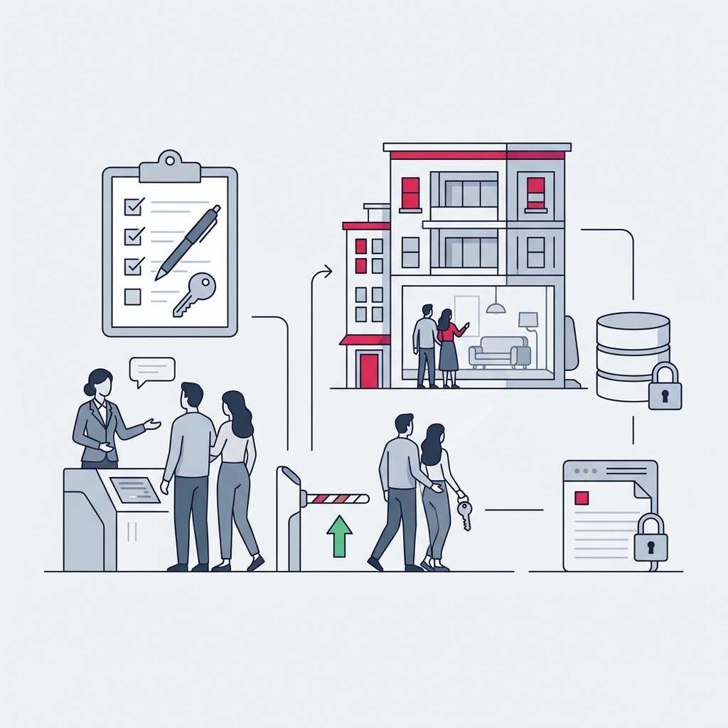Agent immobilier ouvrant un logement avec une serrure connectée et un code temporaire