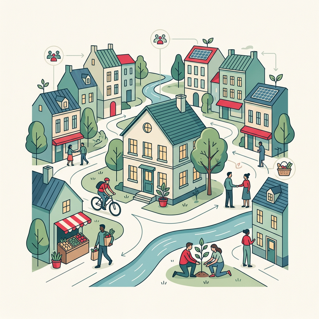 Ilustração de um planeta Terra com edifícios, uma casa com um coração e símbolos de dinheiro e pessoas, representando o turismo sustentável da Fairbnb.