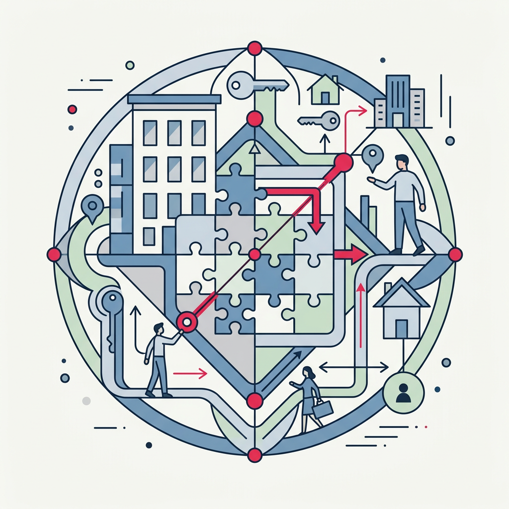 Konzeptionelles Diagramm, das die Verbindung von intelligenten Zugangssystemen und Immobilienmanagement unter dem MRUA zeigt.