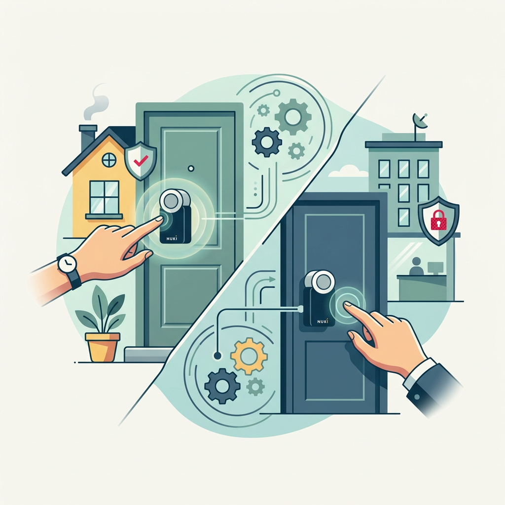 Serratura intelligente Nuki Smart Lock installata su una porta, che mostra il suo design discreto e moderno.
