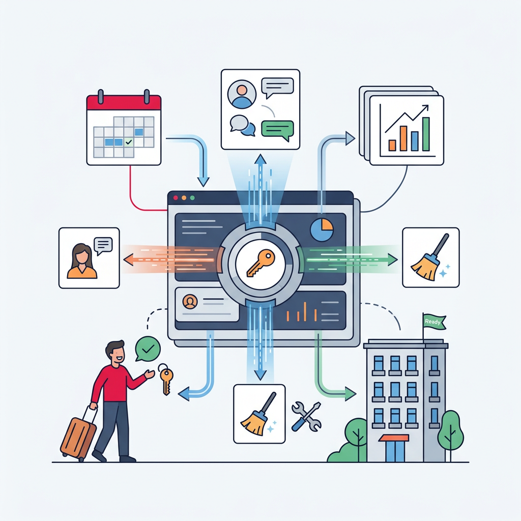 Icono de software PMS con engranajes y calendario, representando la automatización y eficiencia en la gestión de propiedades.