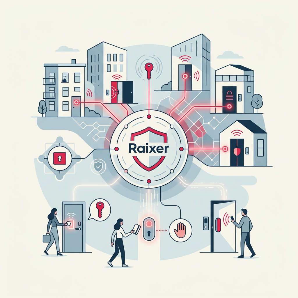 Serratura smart Raixer installata su una porta, evidenziando il suo design moderno e la tecnologia avanzata.