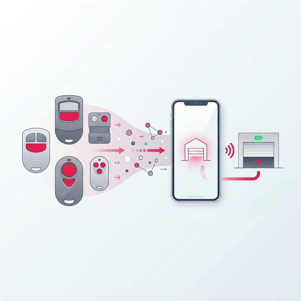 Smartphone abriendo la puerta automática de un garaje mediante una aplicación móvil
