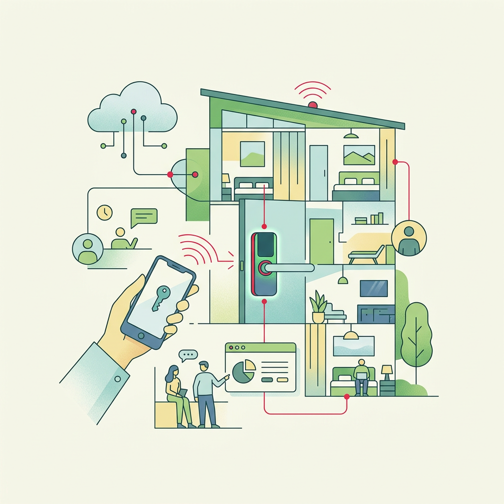 Diagrama de un sistema de acceso inteligente controlando la entrada de un hospedaje con un smartphone.