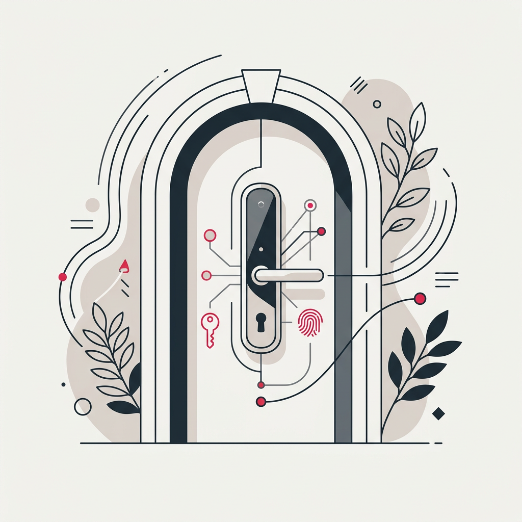 Hand using a smartphone to open a smart door lock on a modern door, symbolising security and digital access control.