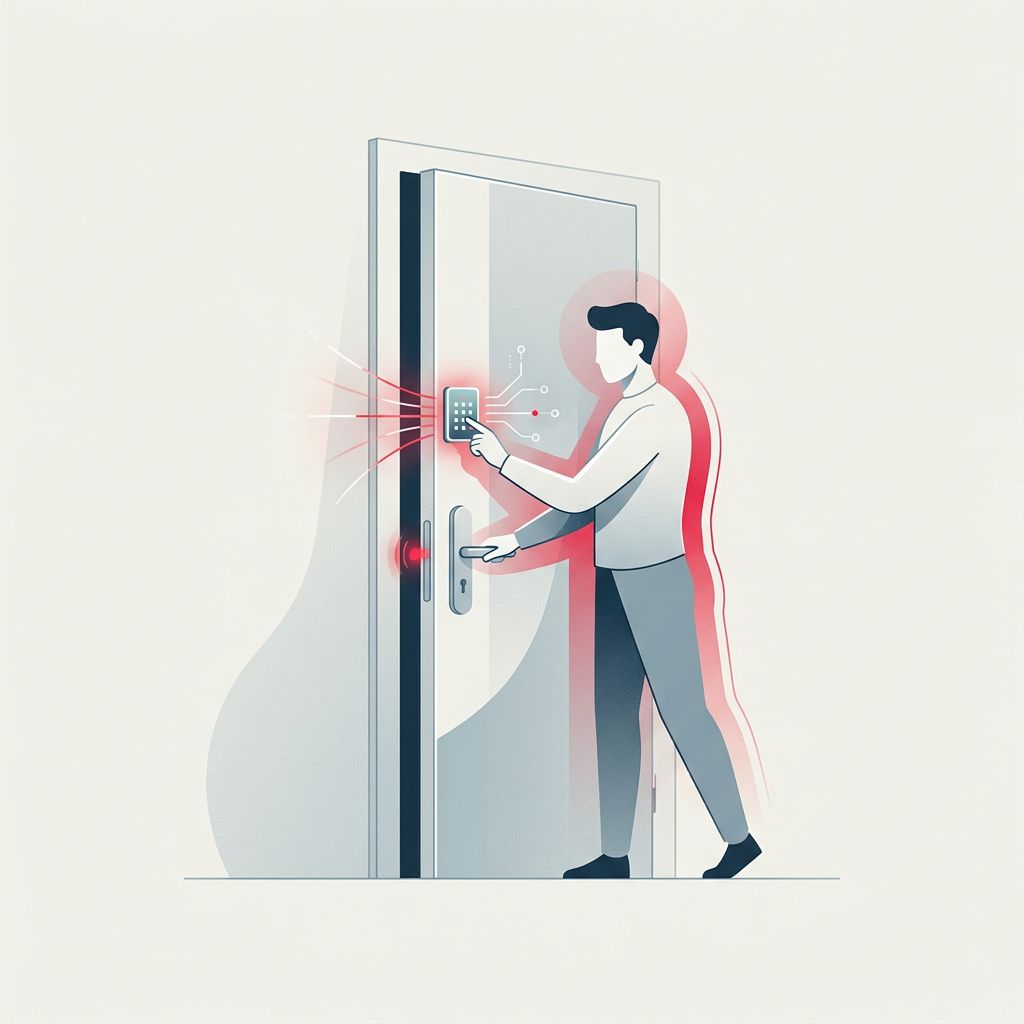 Man opening a door with a Nuki keypad installed on the wall, showing a smart access solution