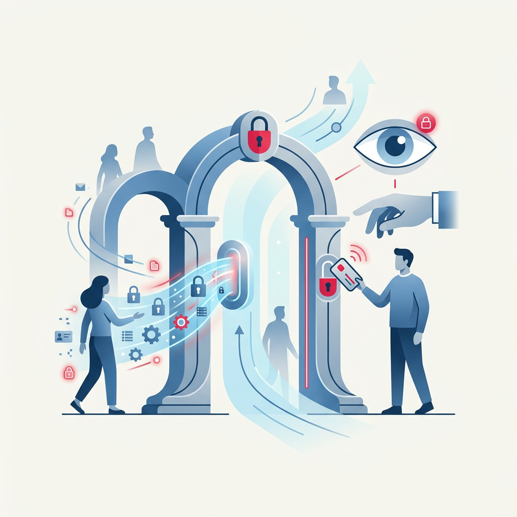 Eine digitale Illustration zeigt die Webpol-Schnittstelle auf einem Computerbildschirm, umgeben von schwebenden Symbolen für intelligente Schlösser, Überwachungskameras und Zugangskontrollgeräte, die die umfassende Sicherheitsverwaltung symbolisieren.